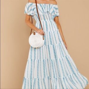 Blue and white off the shoulder maxi dress